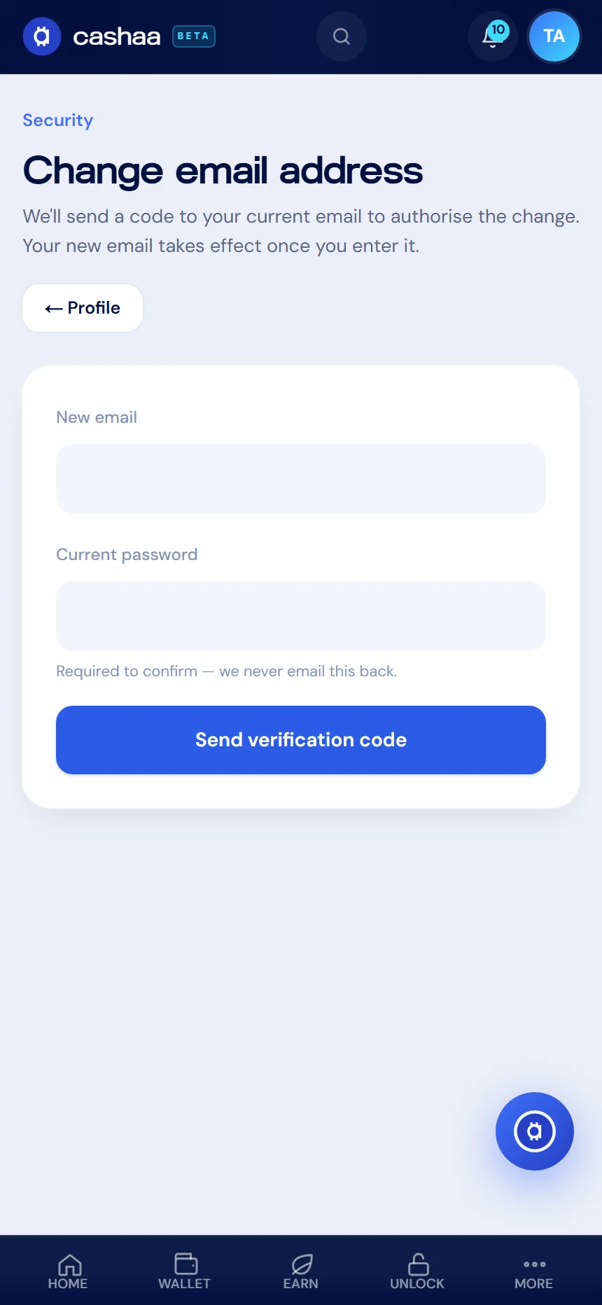 Screenshot for step 2: How to Change the Email Address on Your Cashaa Account