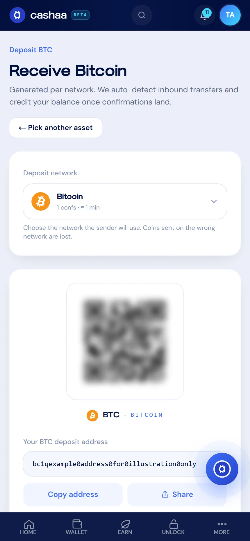 Screenshot for step 4: How to Deposit Cryptocurrency on Cashaa
