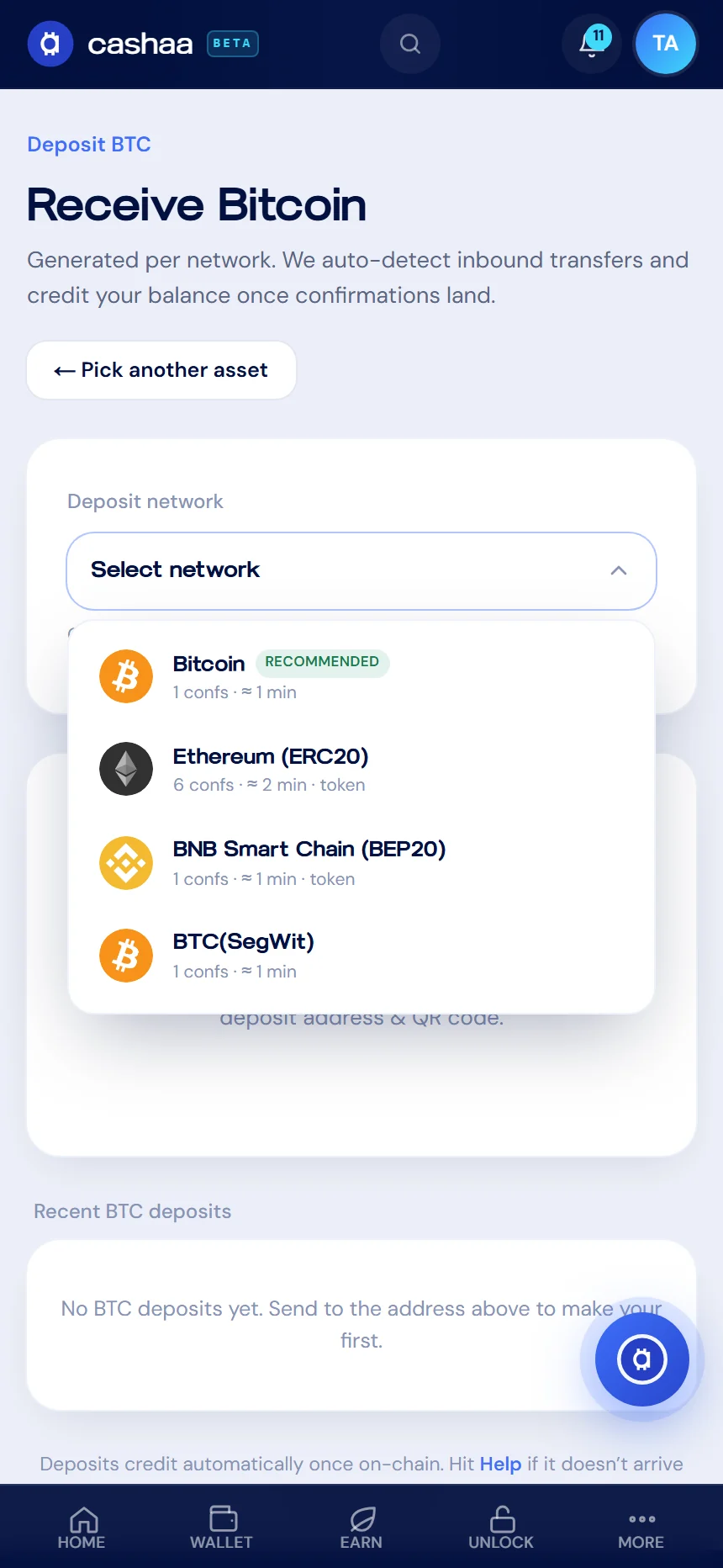 Screenshot for step 3: How to Deposit Cryptocurrency on Cashaa