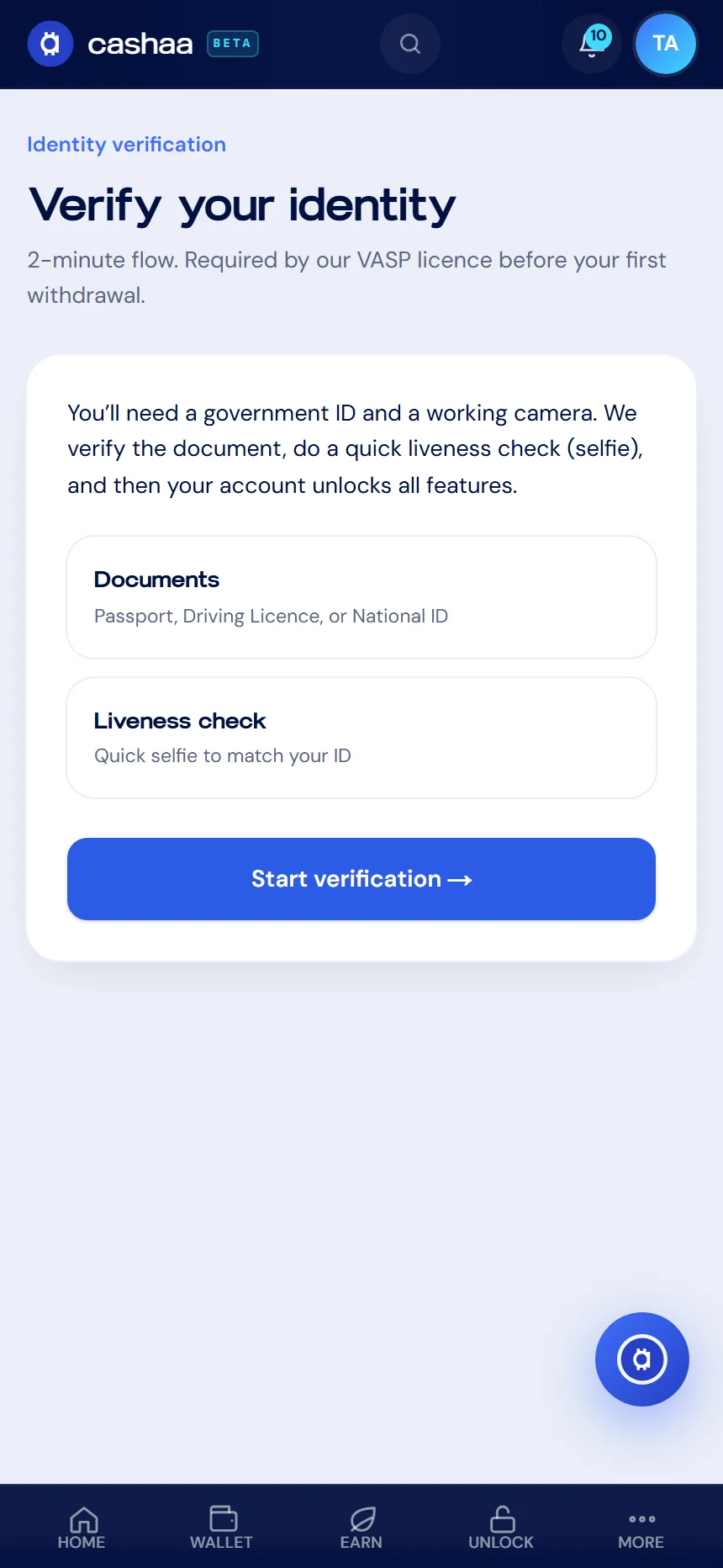Screenshot for step 1: How to Complete KYC Verification on Cashaa