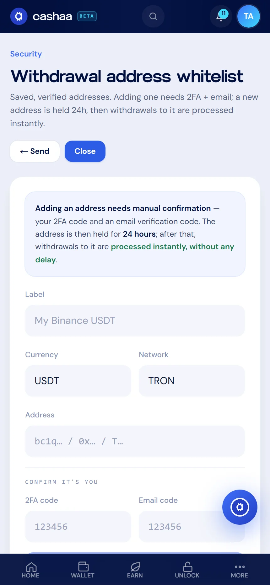 Screenshot for step 2: How to Save a Withdrawal Address