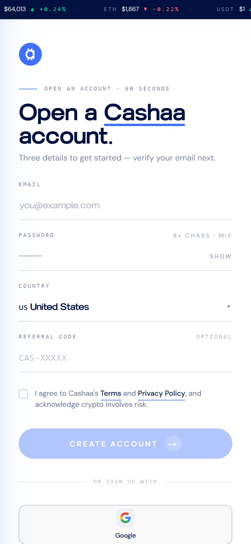 Screenshot for step 1: How to Sign Up and Create a Cashaa Account