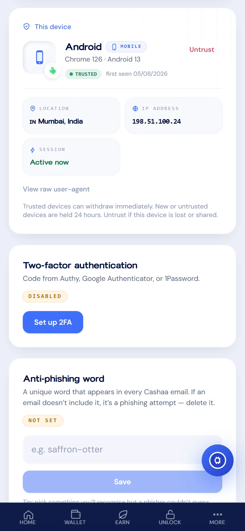 Screenshot for step 5: How to Withdraw Cryptocurrency from Cashaa