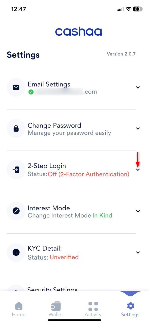 Screenshot for step 2: How to Enable your 2FA on the Cashaa App
