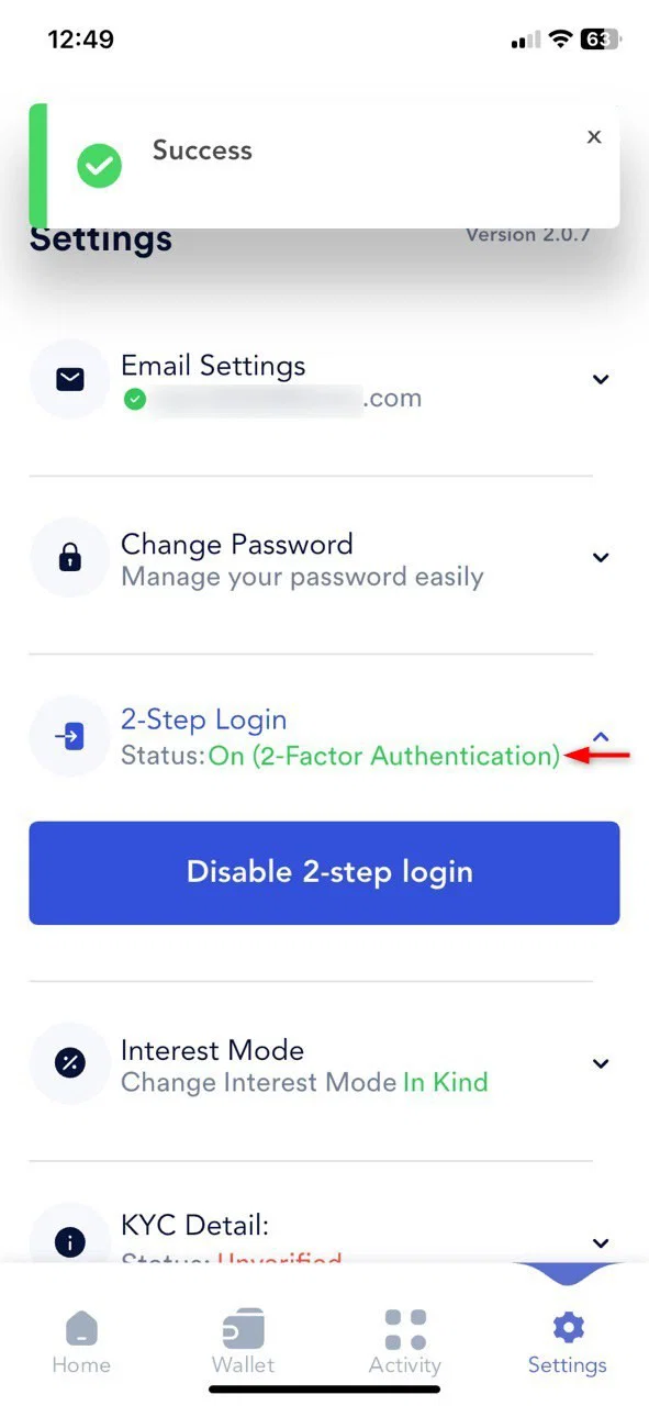 Screenshot for step 7: How to Enable your 2FA on the Cashaa App