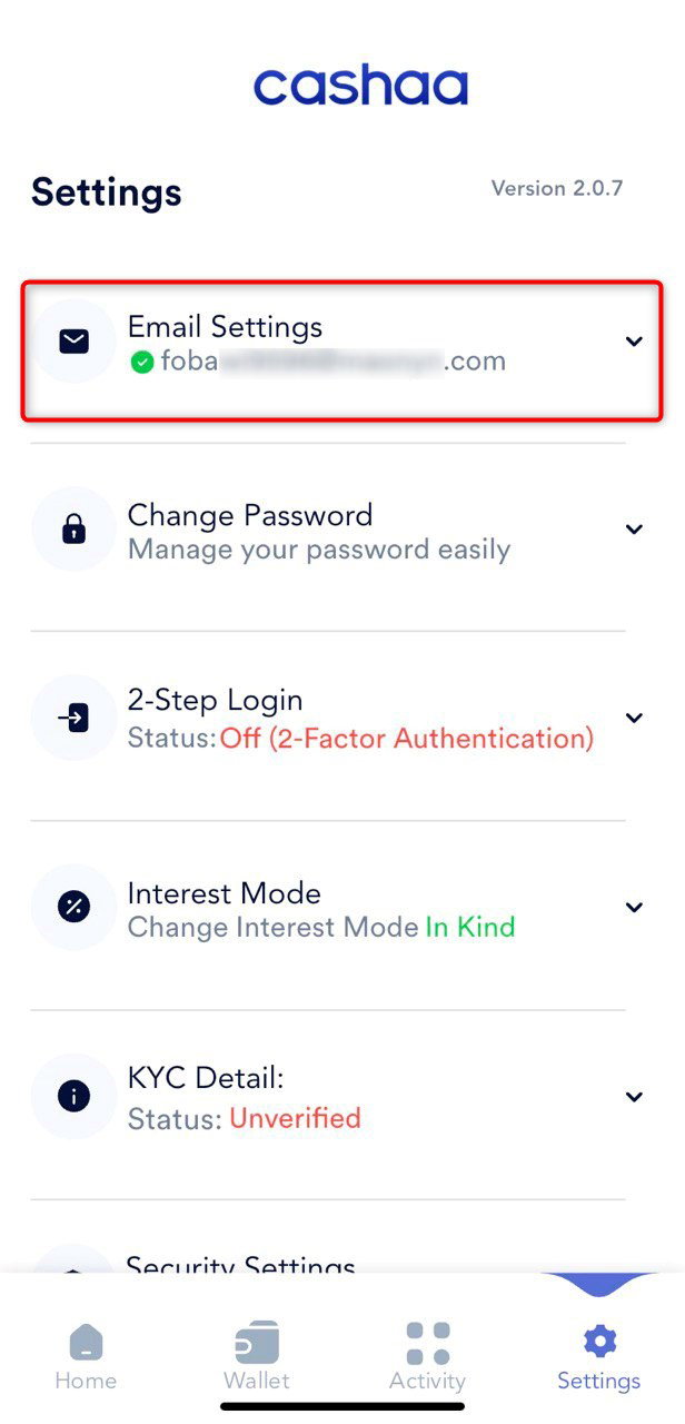 Screenshot for step 3: How to Change the Email Address on your Cashaa App